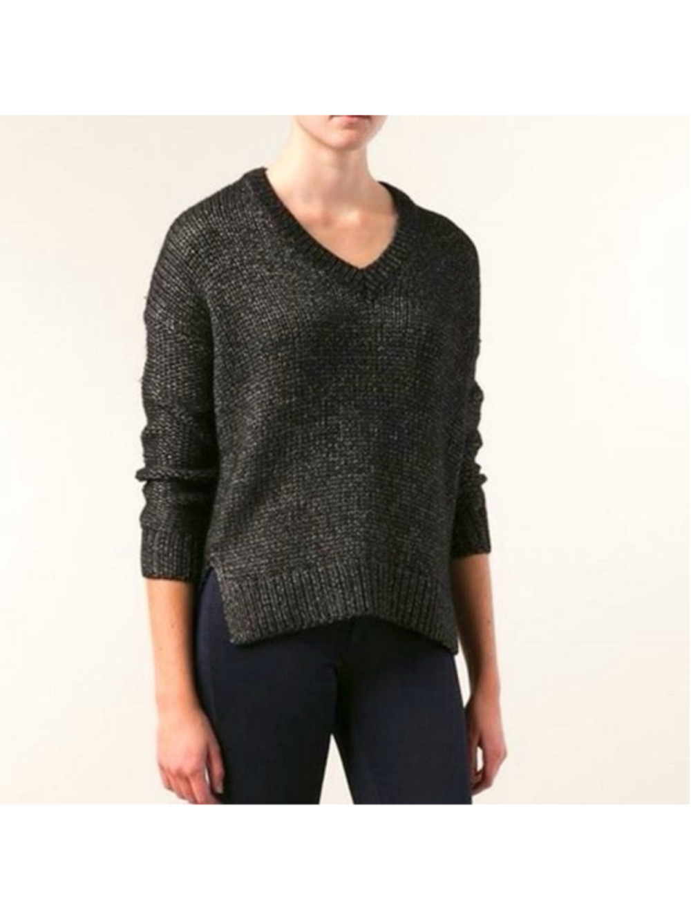 Vince Black Metallic Wool Silk V Neck Sweater Boxy Medium Timeless Luxury
